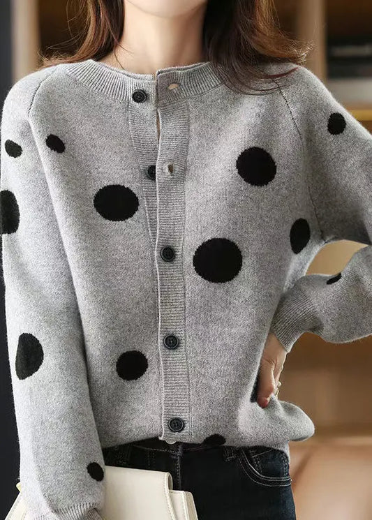 Grey O-neck Patchwork Cotton Knit Cardigans Lantern Sleeve