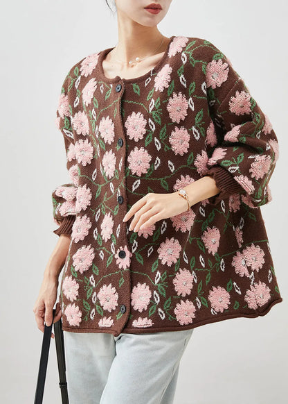 Simple Coffee Oversized Jacquard Knit Cardigan Winter
