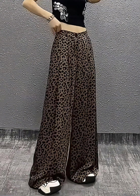 Leopard Pockets High Waist Cotton Wide Leg Pants Summer