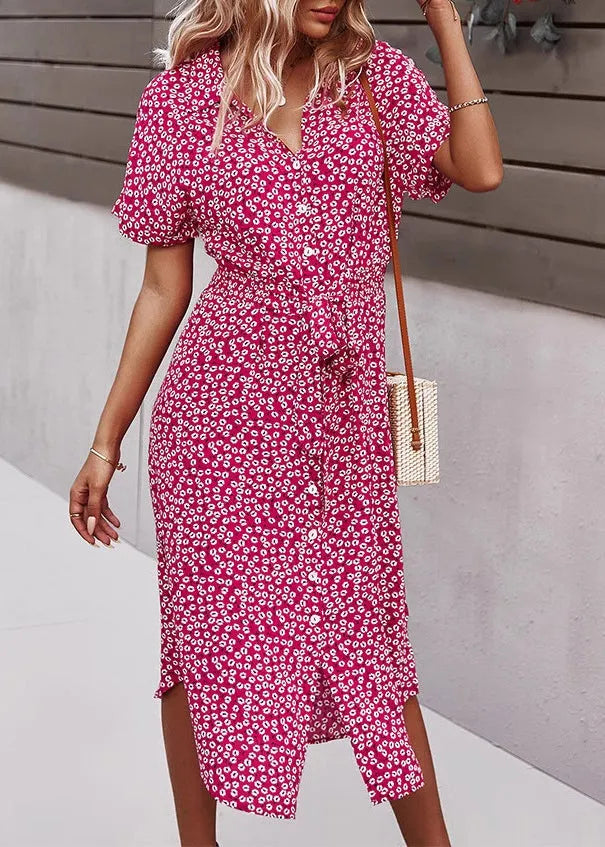 Green Peter Pan Collar Print Lace Up Cotton Dresses Summer