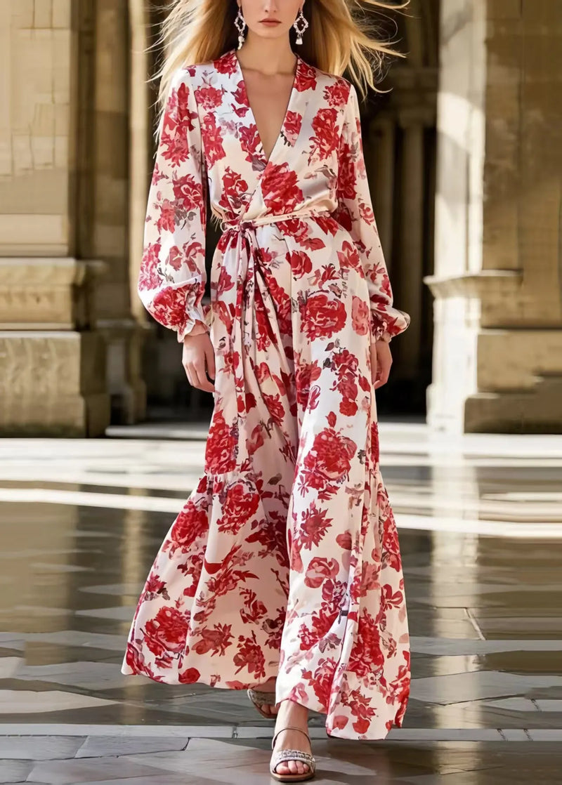 Red Flower Print Draping Ice Silk Shirt Dress Tie Waist Spring