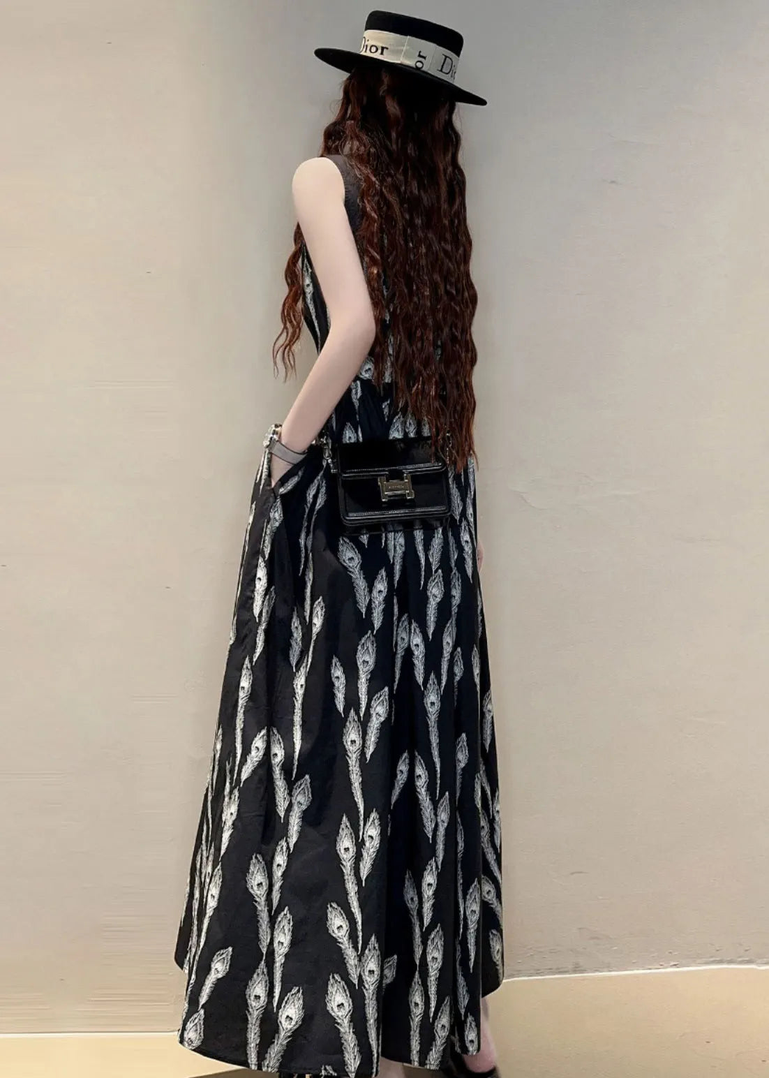 New Black O Neck Print Pockets Cotton Maxi Dresses Sleeveless