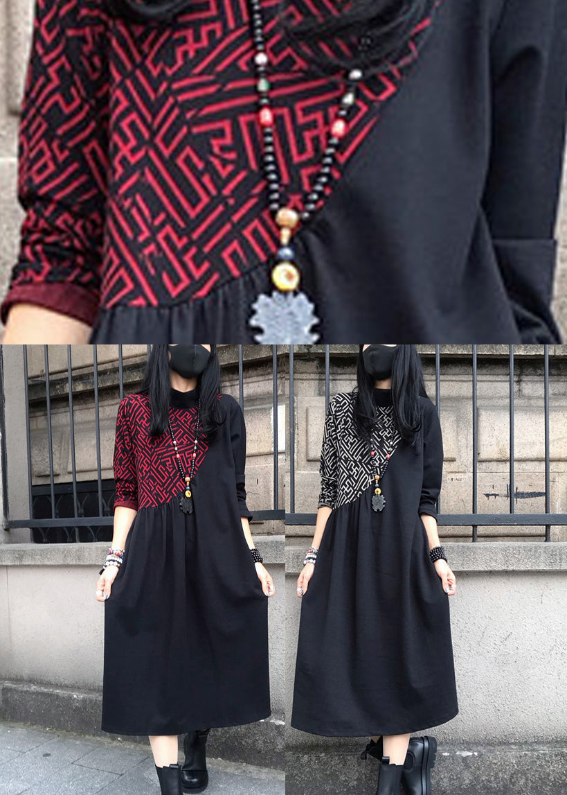 Black O-neck Asymmetrical Patchwork Cotton Maxi Dress Long Sleeve