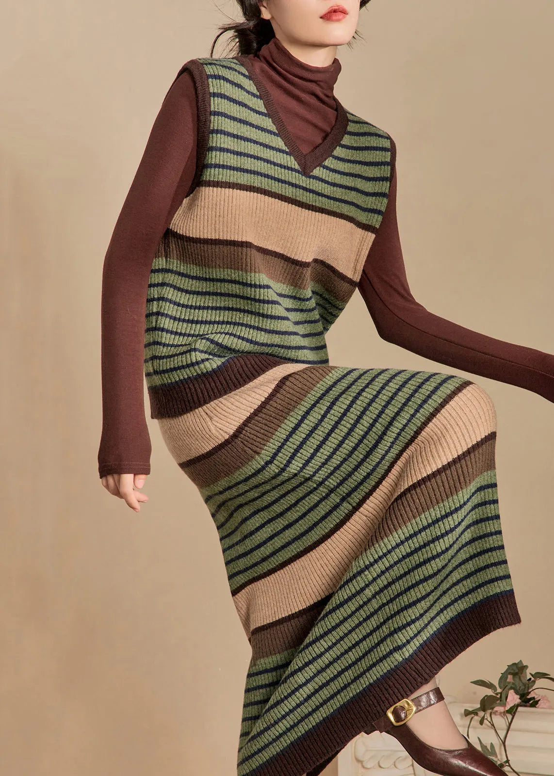 New Green Striped Vest and Skirts Knit Two Pieces Set Sleeveless