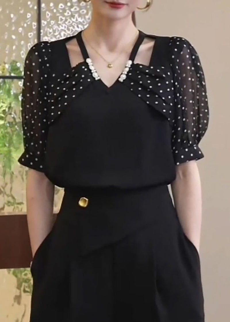 Black Patchwork Dot Print Hollow Out Chiffon Shirt Short Sleeve