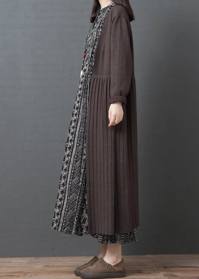 Loose Coffee Wrinkled Patchwork Knitted Long Cardigan Fall