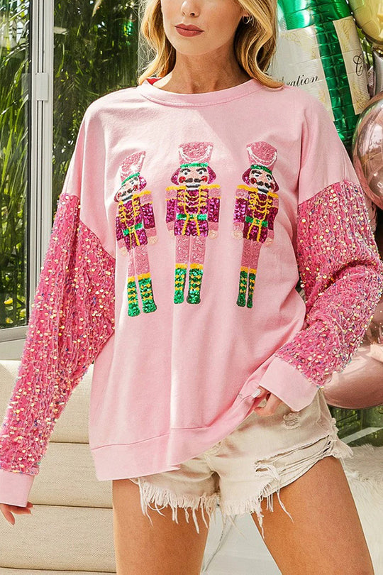 Christmas Casual Loose Crew Neck Sequin Sleeve Sweatshirt