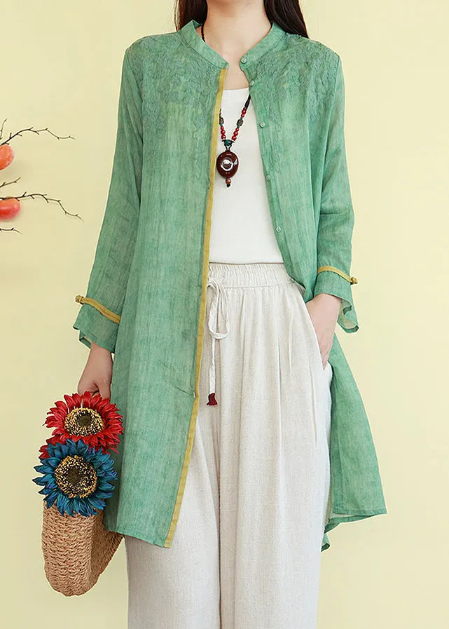 Green Button Thin Patchwork Linen Blouses