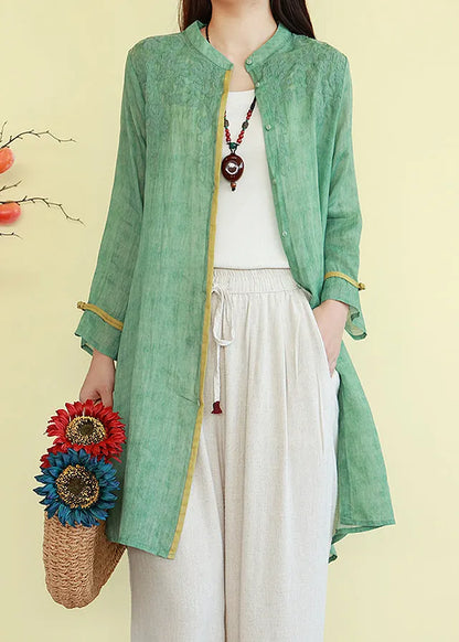 Green Button Thin Patchwork Linen Blouses