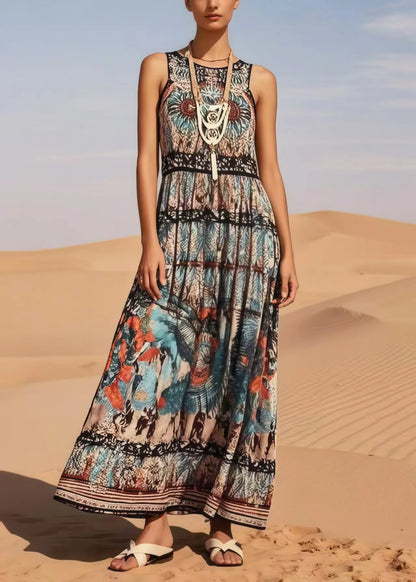 Black Print Cotton Long Dress Sleeveless