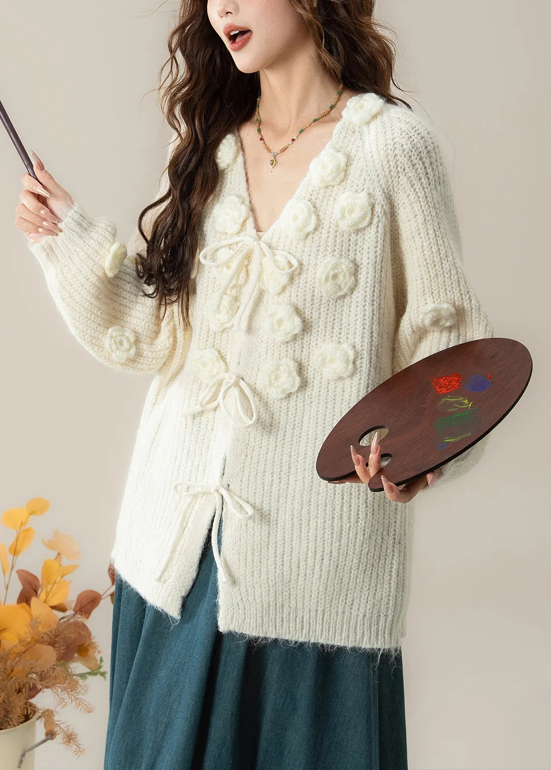 Art White V Neck Cozy Knit Cardigans Spring