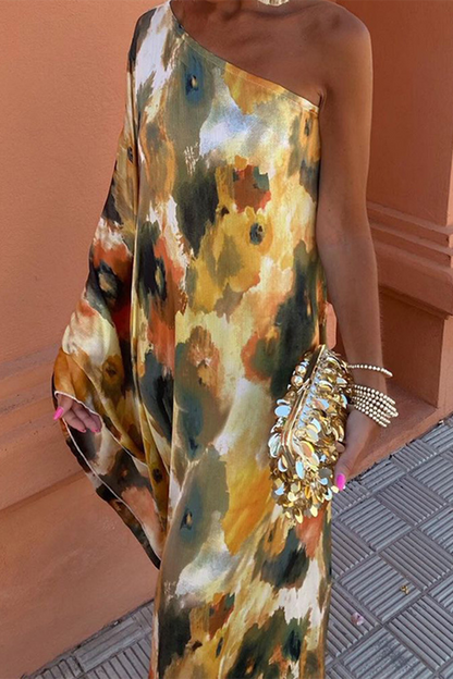 Street Geometric Print Irregular Contrast Sloping Shoulder Irregular Dresses
