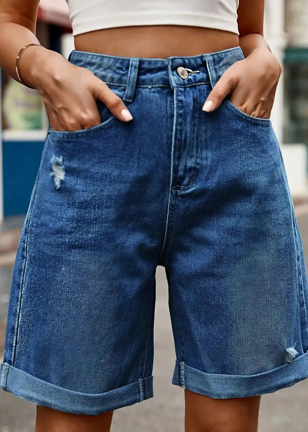 Denim Blue Button Denim Summer Shorts High Waist