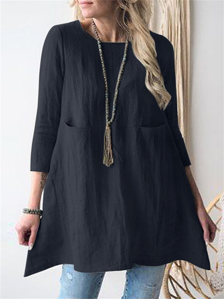 New Color Loose Waist Round Neck Seven-quarter Sleeve Cotton and Linen and Comfortable Dresses
