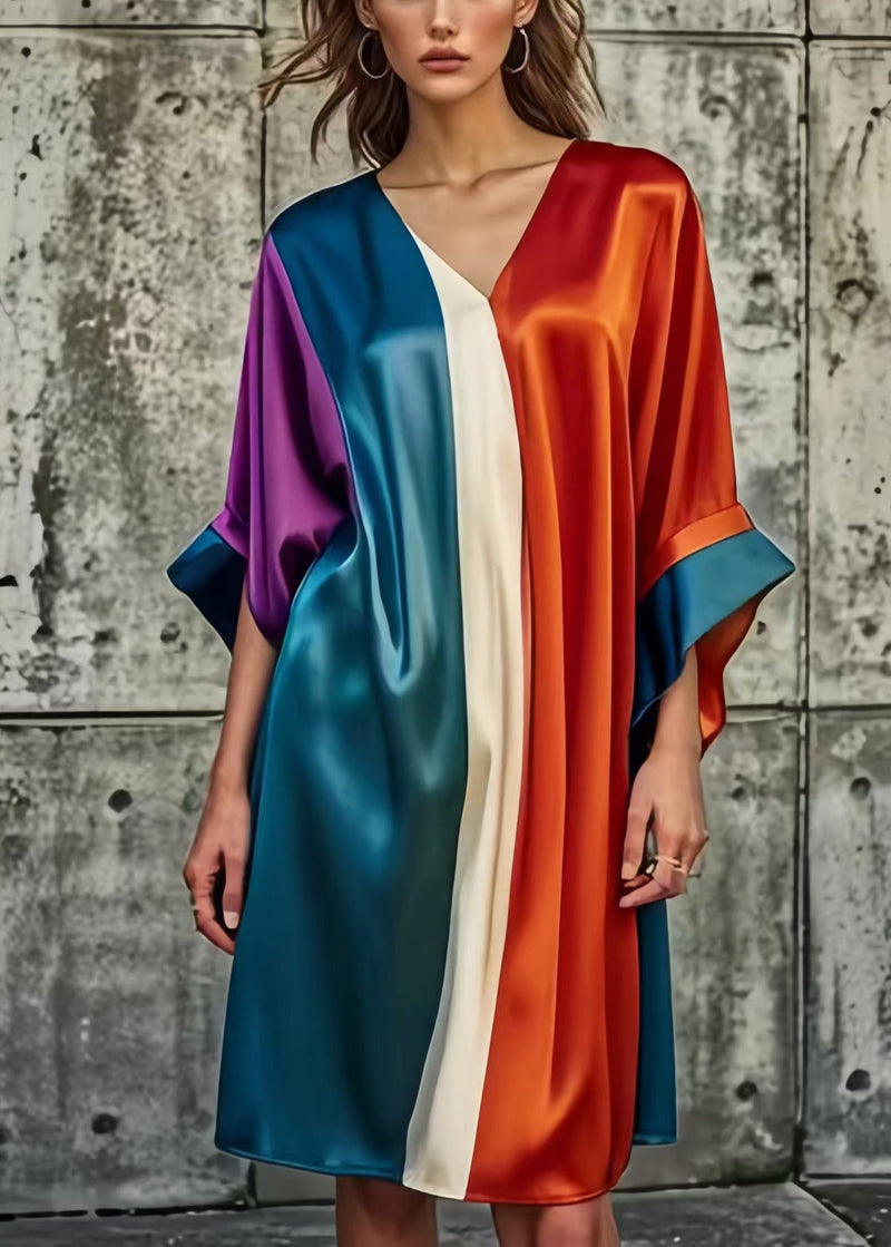 Colorblock Asymmetrical Patchwork Silk Day Dress Summer