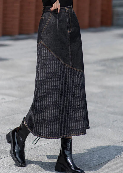 Unique Dark Grey Pockets Patchwork Denim Skirts Spring