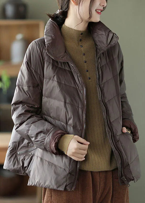 Unique Khaki Stand Collar Pockets Winter Down Coats