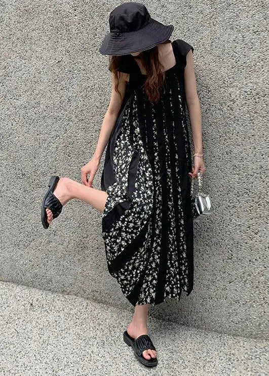 Black Print Wrinkled Patchwork Cotton Dresses Summer