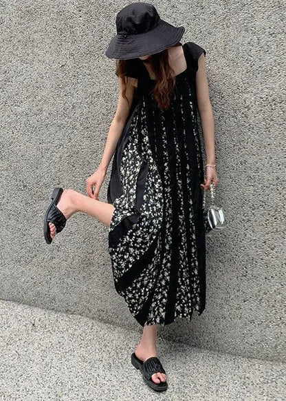 Black Print Wrinkled Patchwork Cotton Dresses Summer