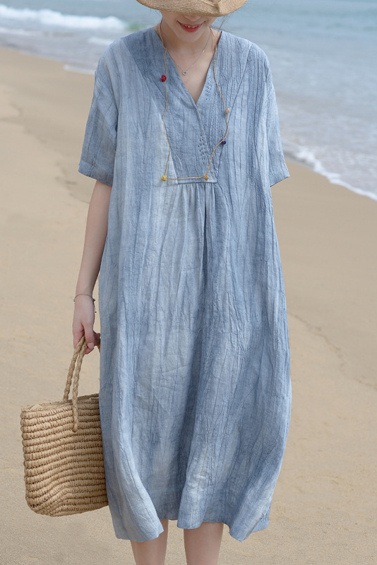 Summer Color Dress Cotton Linen Half Sleeve Long Dress