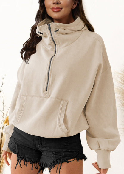 Apricot Zip Up Pockets Patchwork Cotton Loose Sweatshirts Top Fall