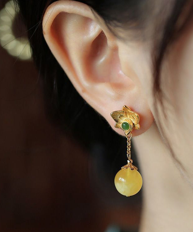 Fine Yellow Sterling Silver Overgild Beeswax Amber Crystal Drop Earrings