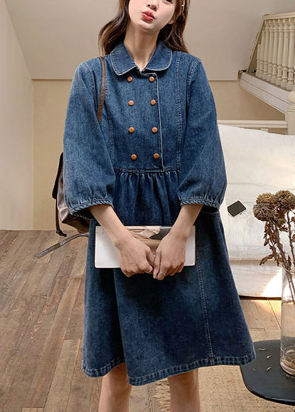 Navy Peter Pan Collar Wrinkled Patchwork Denim Long a Line Dress Spring