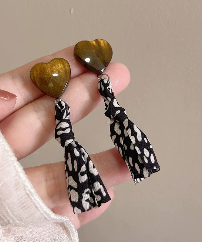 Black Copper Fabric Resin Love Print Drop Earrings