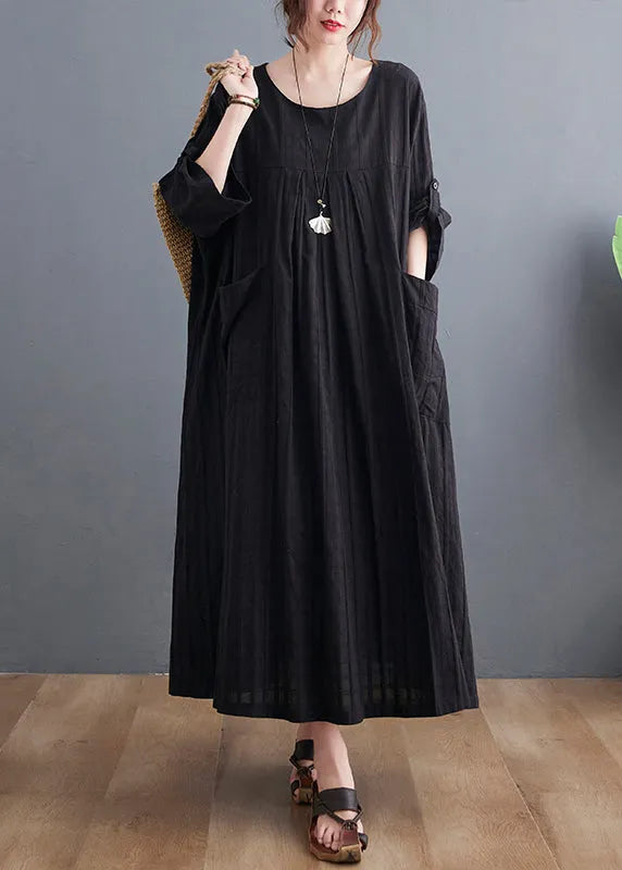 Loose Black O-neck Patchwork Pockets Maxi Dress Bracelet Sleeve