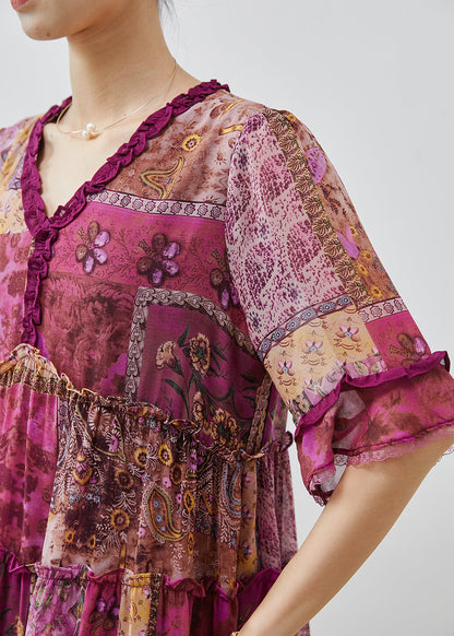 Purple Ruffled Print Chiffon Dresses Summer