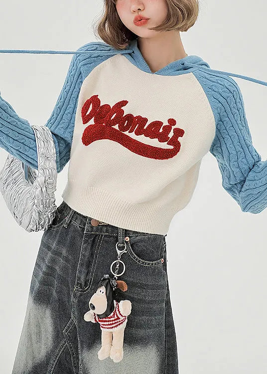 Blue Hooded Patchwork Jacquard Knit Sweatshirts Top Spring