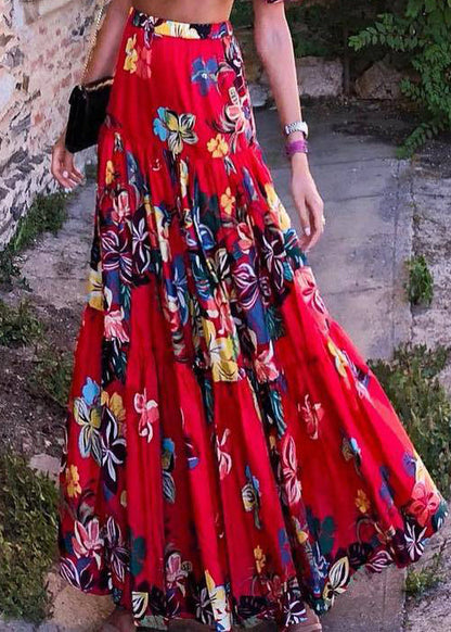 Red V Neck Print Cotton Long Dresses Summer