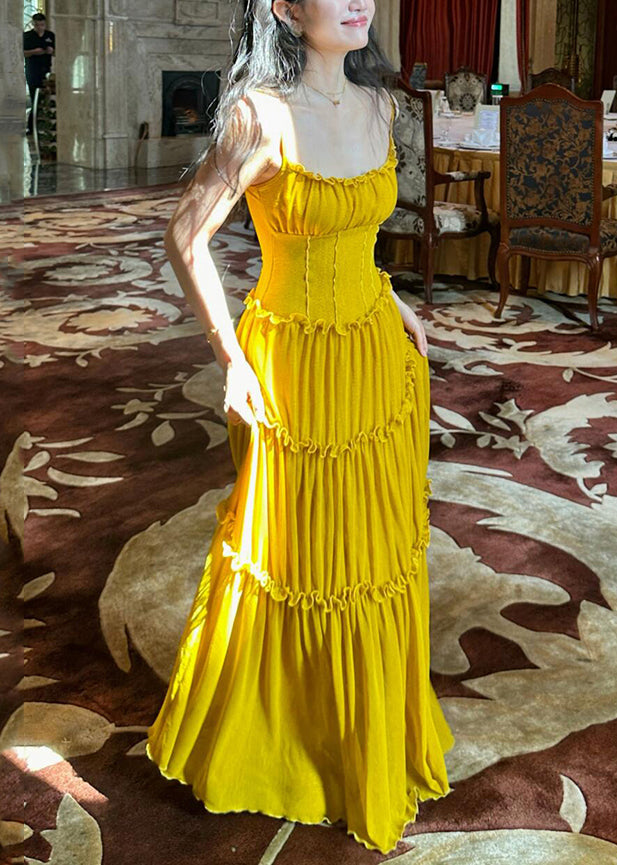 New Yellow Ruffled Cotton Spaghetti Strap Dress Sleeveless