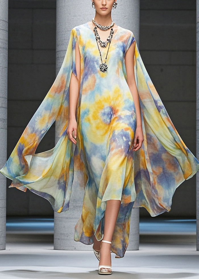 Yellow Asymmetrical Tie Dye Chiffon Beach Dress Summer
