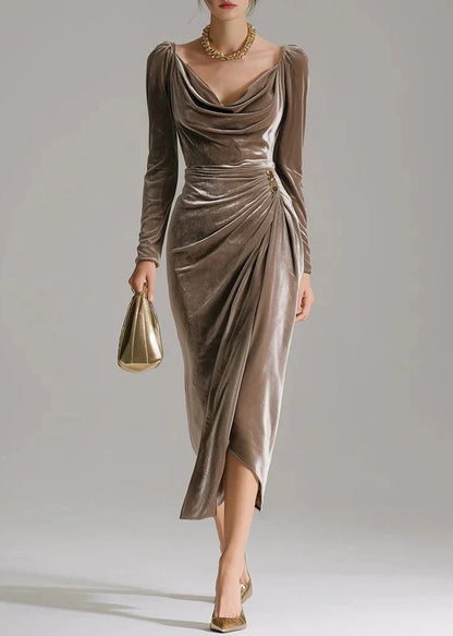 French Brown Square Collar Wrinkled Patchwork Velvet Dress Fall
