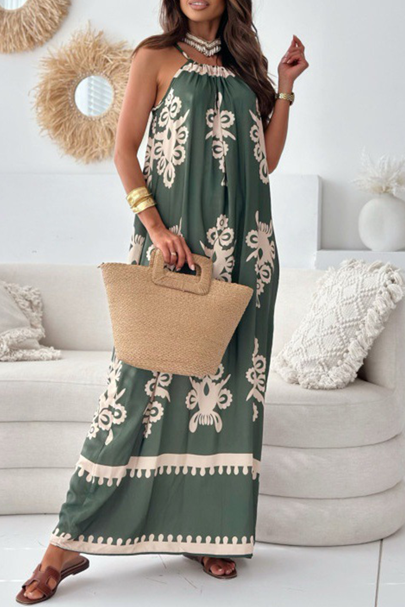National Totem Print Draw String Square Neck Sling Dresses(4 Colors)