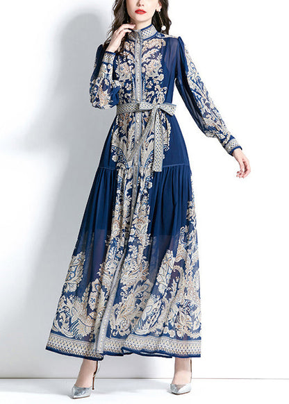 Green Stand Collar Print Tie Waist Chiffon Dress Lantern Sleeve