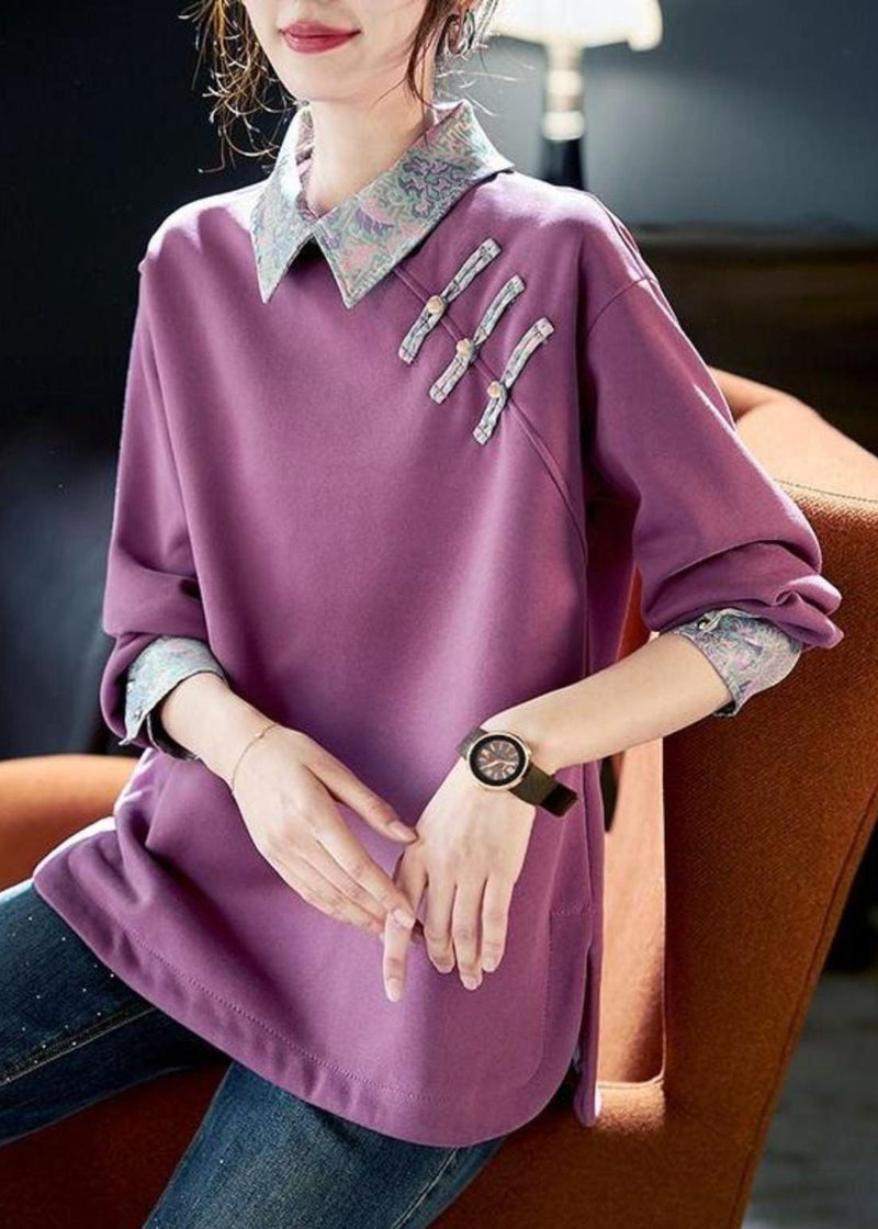 Purple Peter Pan Collar Patchwork Cotton Sweatshirts Spring