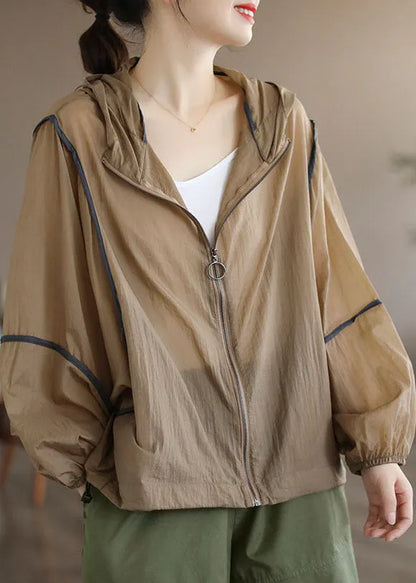 Khaki Patchwork Cotton Upf 50+ Coat Hooded Oversized Long Sleeve