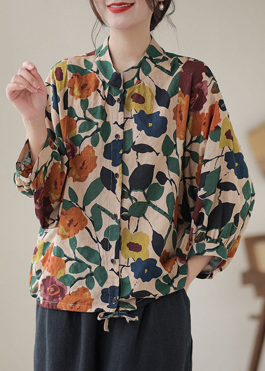 Apricot Stand Collar Print Cotton Shirts Long Sleeve