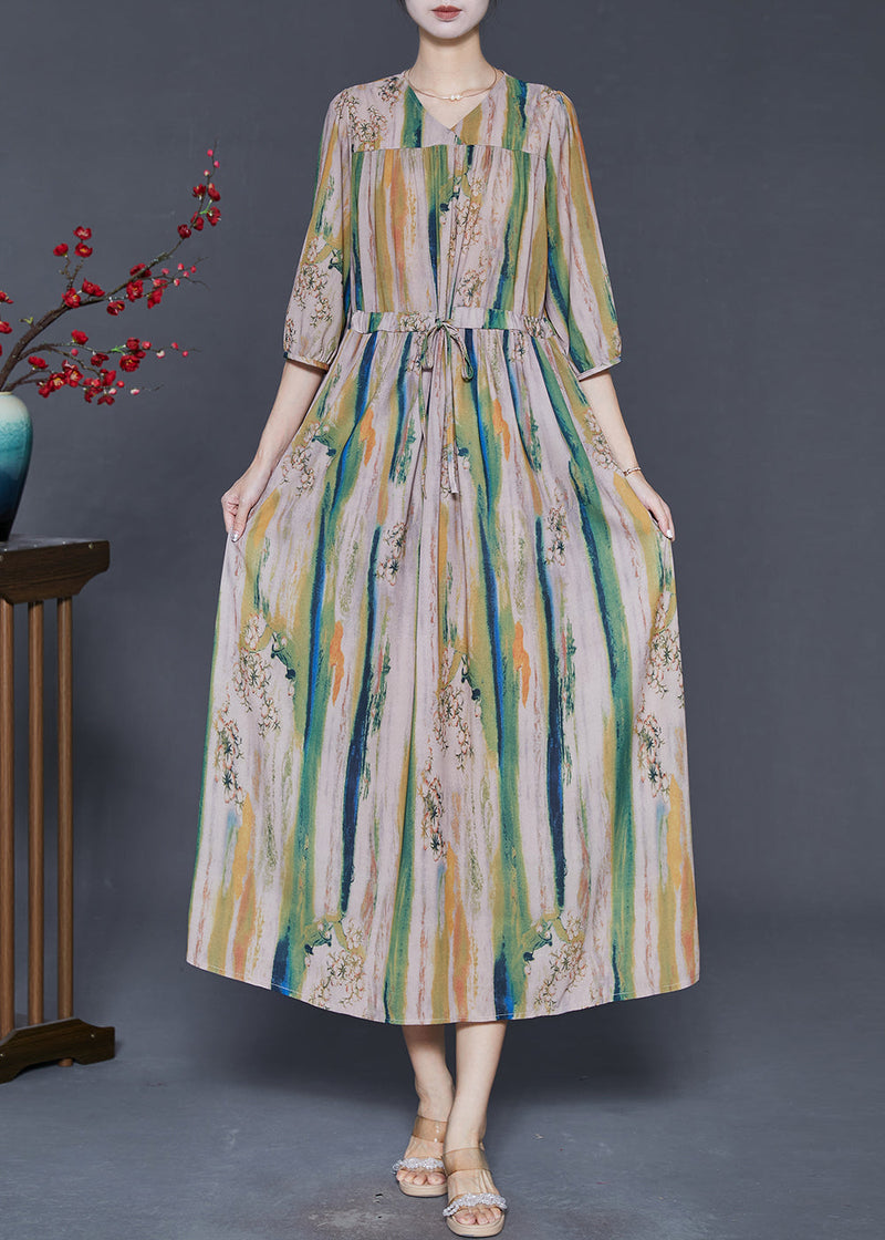 Khaki Cinched Print Silk Dress Summer