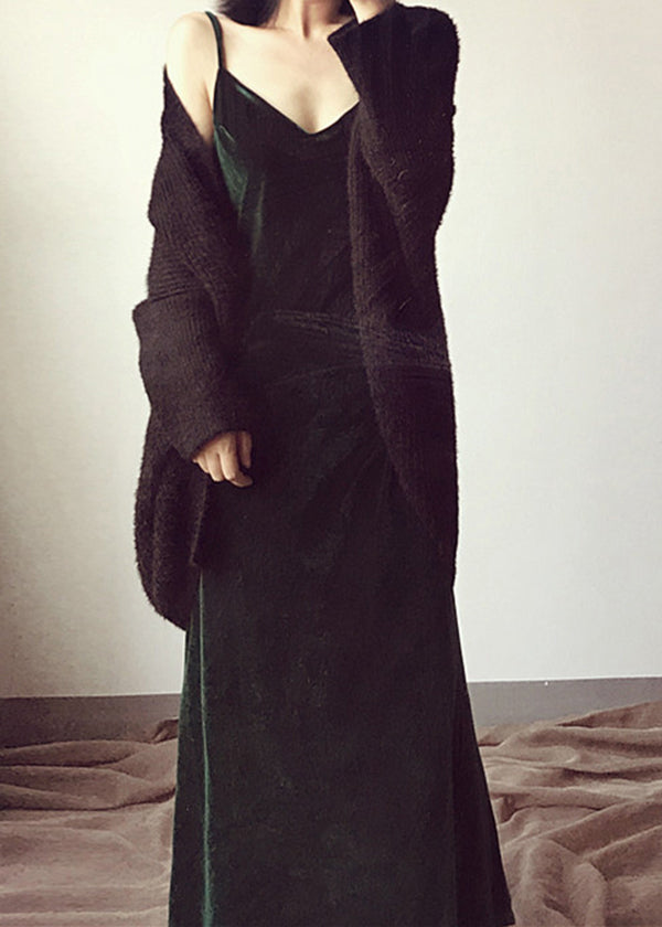 Green V Neck Velvet Spaghetti Strap Dress Fall