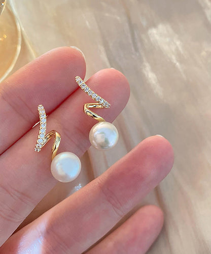 Gold Sterling Silver Overgild Zircon Pearl Hoop Earrings