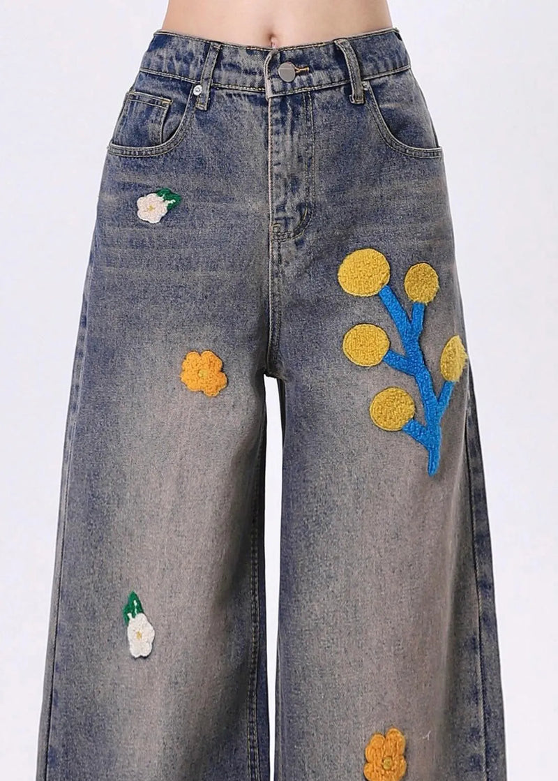 Blue Embroidered Denim Straight Pants Spring