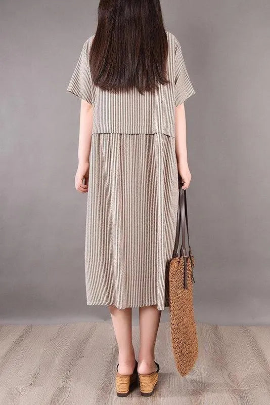 Cotton Irregular Stripes Short Sleeve Midi Dress
