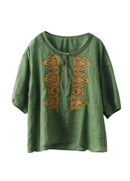 Apricot O-neck Embroidered Low High Design Ramie Shirts Summer