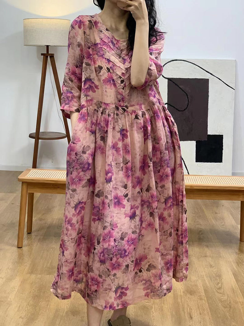 Summer Artsy V-neck Shirred Ramie Dress
