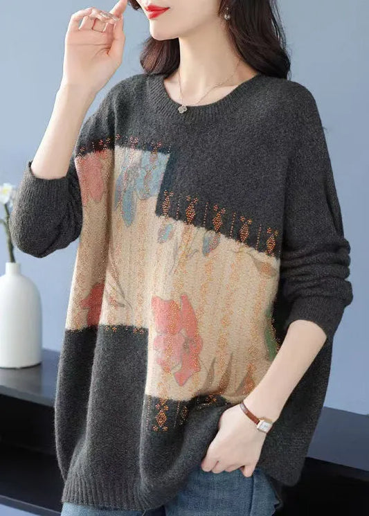 Grey O Neck Print Zircon Woolen Knit Sweaters Spring