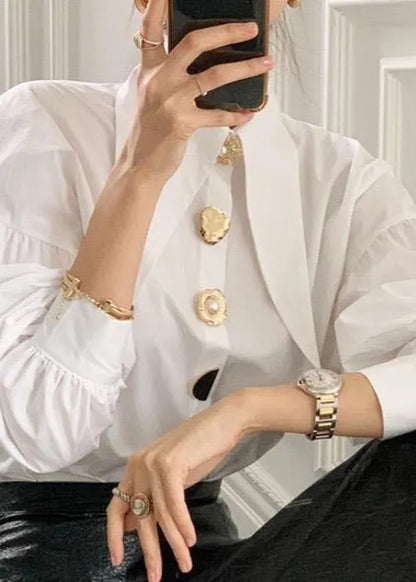 French White Peter Pan Collar Button Cotton Shirt Top Lantern Sleeve
