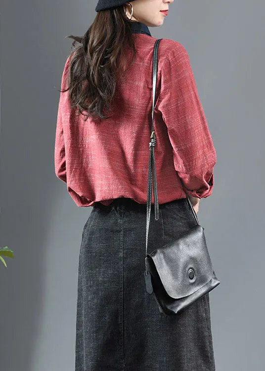 Red Peter Pan Collar Patchwork Cotton Shirt Long Sleeve